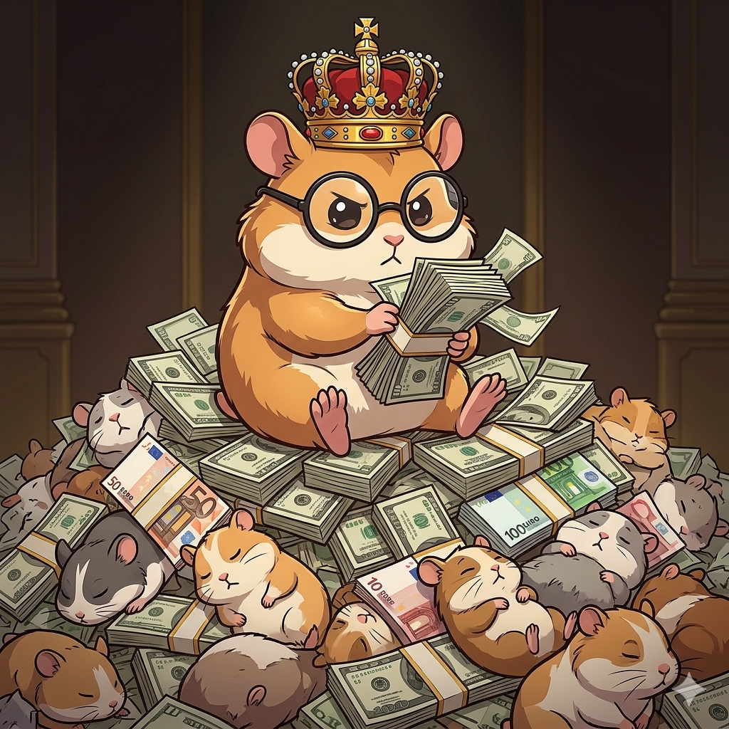 Geld klebt an Geld — Hamster mit Geldstapeln
